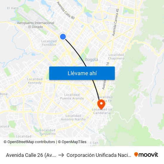 Avenida Calle 26 (Av. C. De Cali - Cl 51) (A) to Corporación Unificada Nacional De Educación Superior map