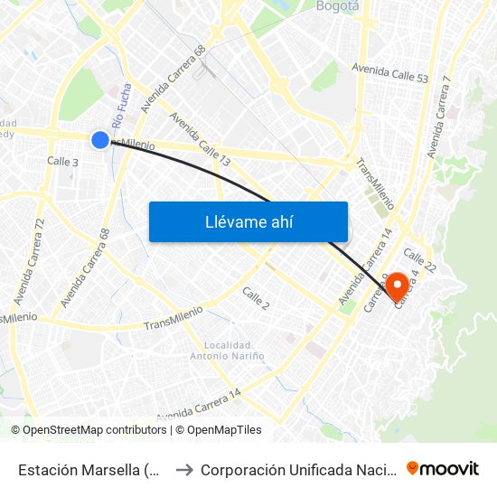 Estación Marsella (Av. Américas - Kr 69b) to Corporación Unificada Nacional De Educación Superior map