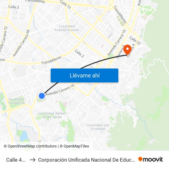 Calle 40 Sur to Corporación Unificada Nacional De Educación Superior map