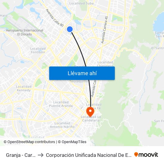 Granja - Carrera 77 to Corporación Unificada Nacional De Educación Superior map