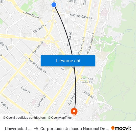 Universidad Nacional to Corporación Unificada Nacional De Educación Superior map