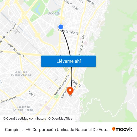 Campín - Uan to Corporación Unificada Nacional De Educación Superior map