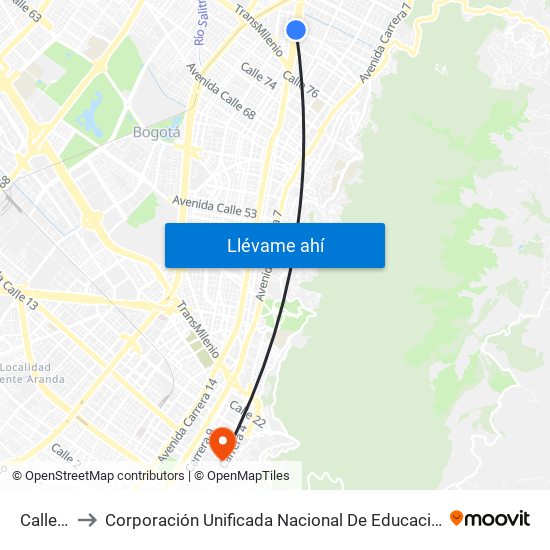 Calle 85 to Corporación Unificada Nacional De Educación Superior map