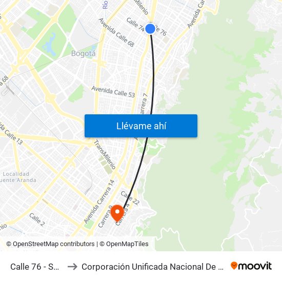 Calle 76 - San Felipe to Corporación Unificada Nacional De Educación Superior map