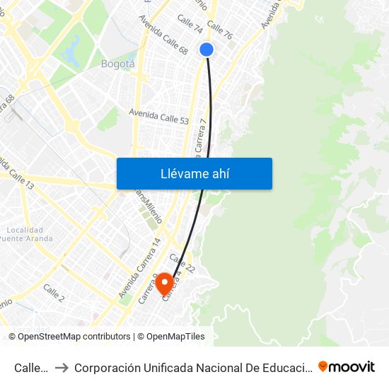 Calle 72 to Corporación Unificada Nacional De Educación Superior map