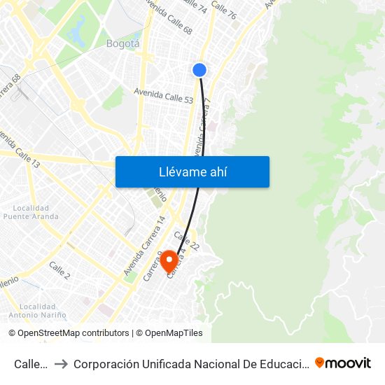 Calle 63 to Corporación Unificada Nacional De Educación Superior map