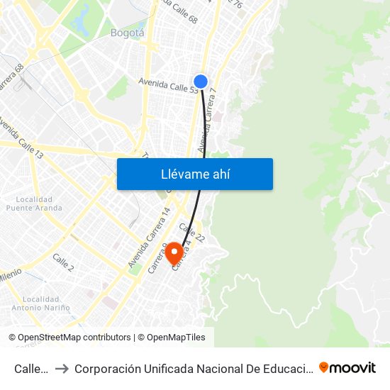 Calle 57 to Corporación Unificada Nacional De Educación Superior map