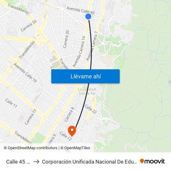 Calle 45 - Asw to Corporación Unificada Nacional De Educación Superior map