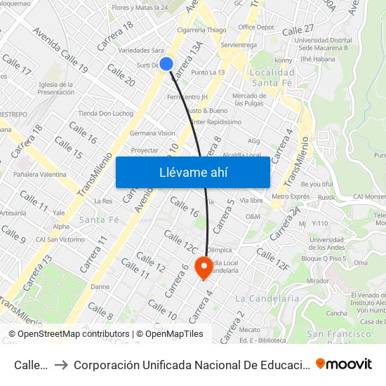 Calle 22 to Corporación Unificada Nacional De Educación Superior map