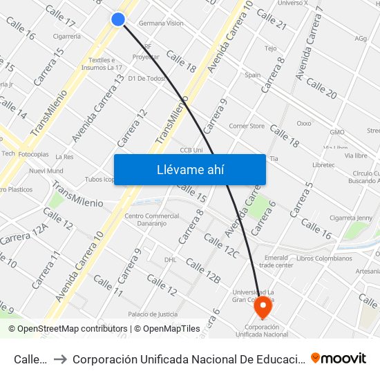 Calle 19 to Corporación Unificada Nacional De Educación Superior map