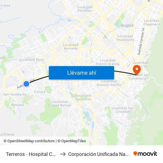 Terreros - Hospital Cardiovascular (Lado Sur) to Corporación Unificada Nacional De Educación Superior map