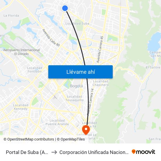 Portal De Suba (Av. Suba - Kr 106) to Corporación Unificada Nacional De Educación Superior map