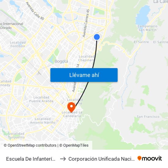 Escuela De Infantería (Ac 100 - Kr 11a) (B) to Corporación Unificada Nacional De Educación Superior map