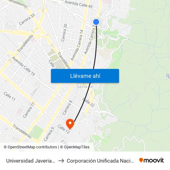 Universidad Javeriana (Ak 7 - Cl 40) (B) to Corporación Unificada Nacional De Educación Superior map