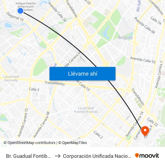Br. Guadual Fontibón (Cl 17 - Kr 96h) to Corporación Unificada Nacional De Educación Superior map