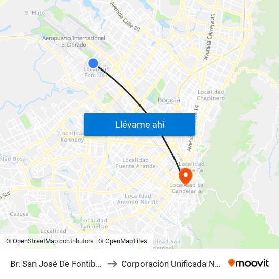 Br. San José De Fontibón (Kr 100 - Av. Esperanza) to Corporación Unificada Nacional De Educación Superior map