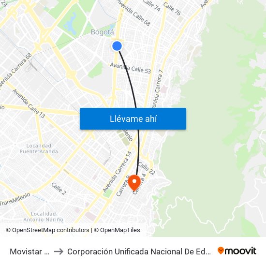 Movistar Arena to Corporación Unificada Nacional De Educación Superior map