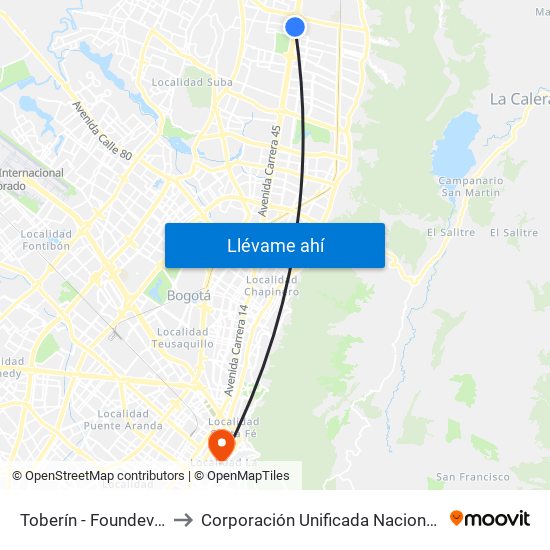 Toberín - Foundever (Lado Norte) to Corporación Unificada Nacional De Educación Superior map