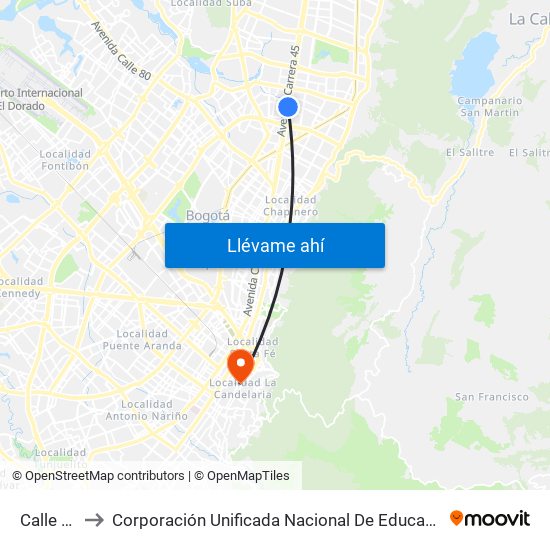 Calle 106 to Corporación Unificada Nacional De Educación Superior map