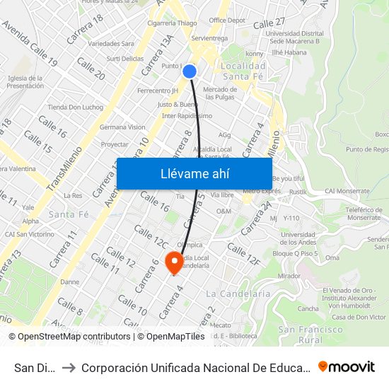 San Diego to Corporación Unificada Nacional De Educación Superior map