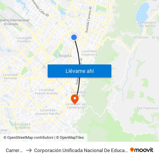 Carrera 47 to Corporación Unificada Nacional De Educación Superior map