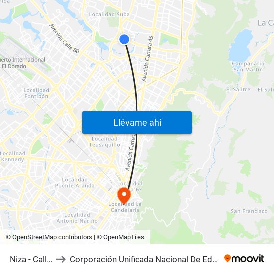 Niza - Calle 127 to Corporación Unificada Nacional De Educación Superior map