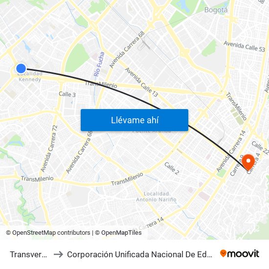 Transversal 86 to Corporación Unificada Nacional De Educación Superior map