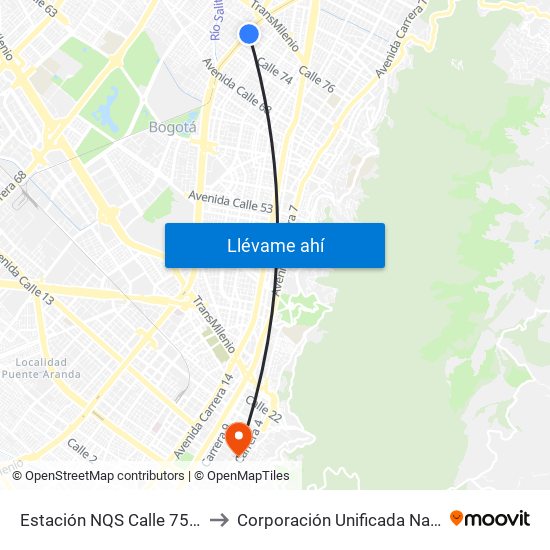 Estación NQS Calle 75 - Zona M (Av. NQS - Cl 75) to Corporación Unificada Nacional De Educación Superior map