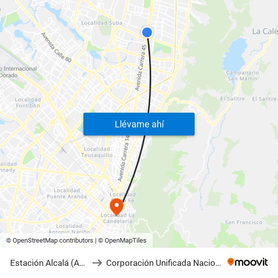 Estación Alcalá (Auto Norte - Cl 136) to Corporación Unificada Nacional De Educación Superior map