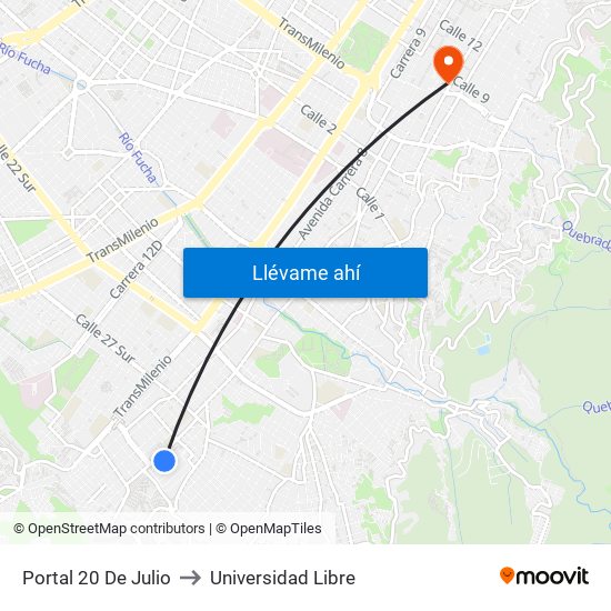 Portal 20 De Julio to Universidad Libre map