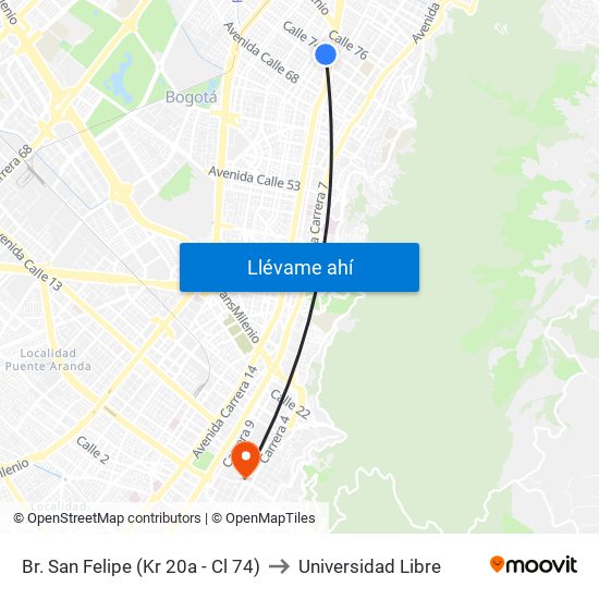 Br. San Felipe (Kr 20a - Cl 74) to Universidad Libre map