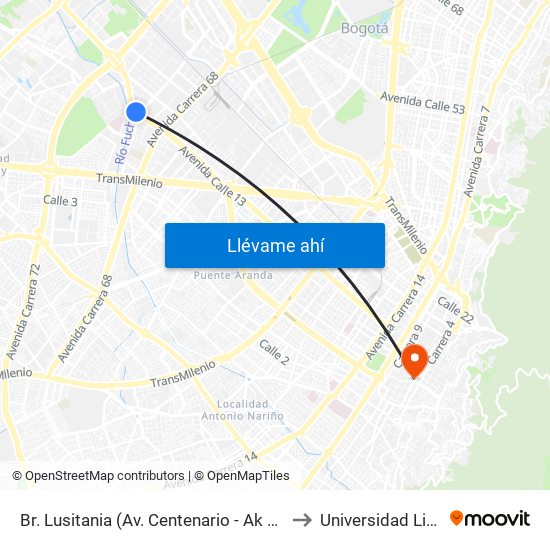 Br. Lusitania (Av. Centenario - Ak 68d) to Universidad Libre map