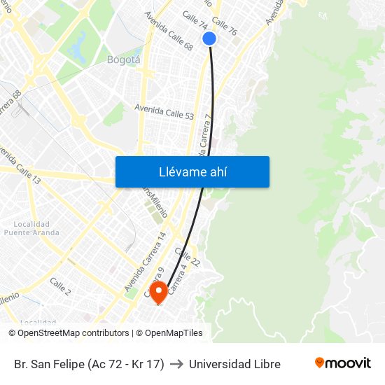 Br. San Felipe (Ac 72 - Kr 17) to Universidad Libre map