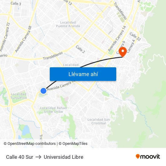 Calle 40 Sur to Universidad Libre map