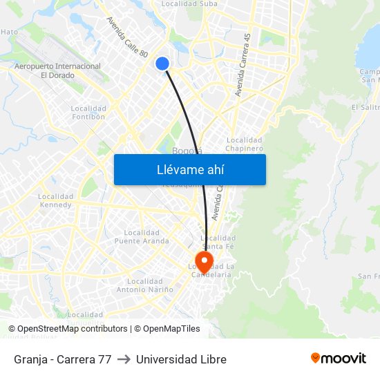 Granja - Carrera 77 to Universidad Libre map