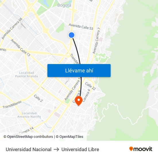 Universidad Nacional to Universidad Libre map