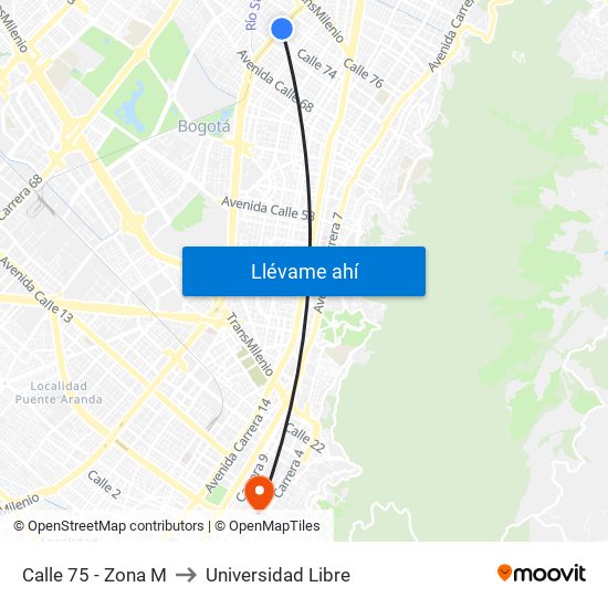 Calle 75 - Zona M to Universidad Libre map