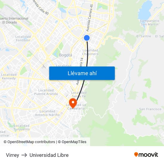 Virrey to Universidad Libre map