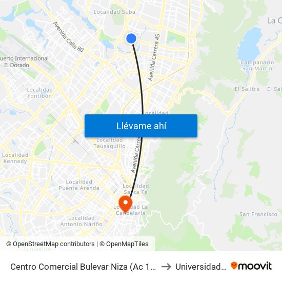 Centro Comercial Bulevar Niza (Ac 127 - Av. Suba) to Universidad Libre map