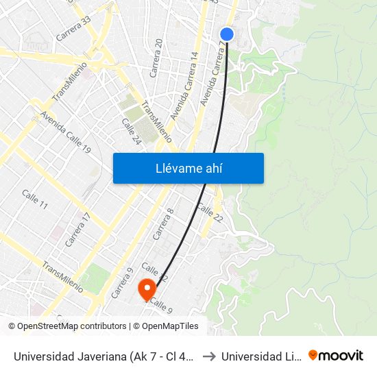 Universidad Javeriana (Ak 7 - Cl 40) (B) to Universidad Libre map