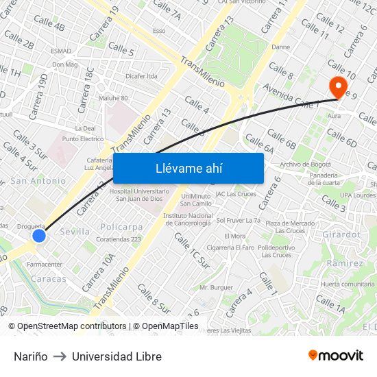 Nariño to Universidad Libre map