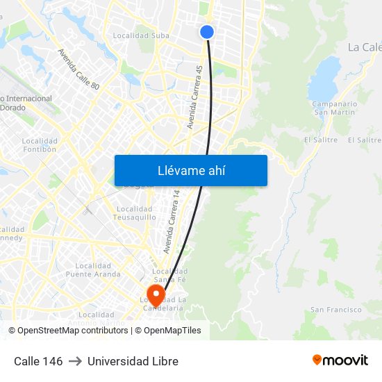 Calle 146 to Universidad Libre map