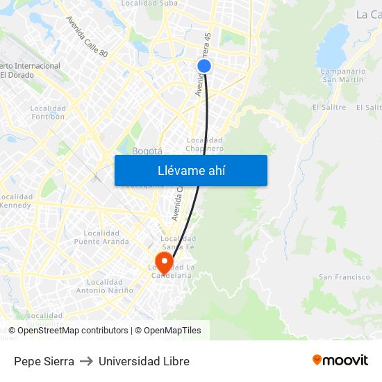 Pepe Sierra to Universidad Libre map