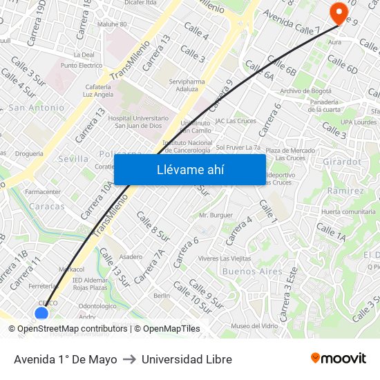 Avenida 1° De Mayo to Universidad Libre map
