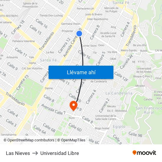 Las Nieves to Universidad Libre map