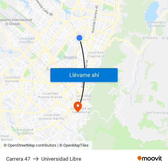 Carrera 47 to Universidad Libre map