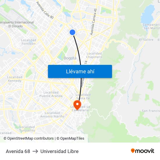 Avenida 68 to Universidad Libre map