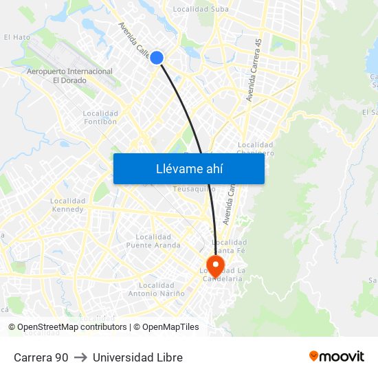 Carrera 90 to Universidad Libre map