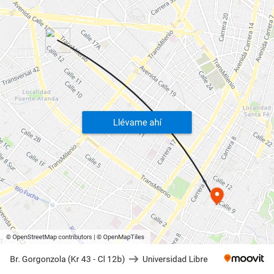 Br. Gorgonzola (Kr 43 - Cl 12b) to Universidad Libre map