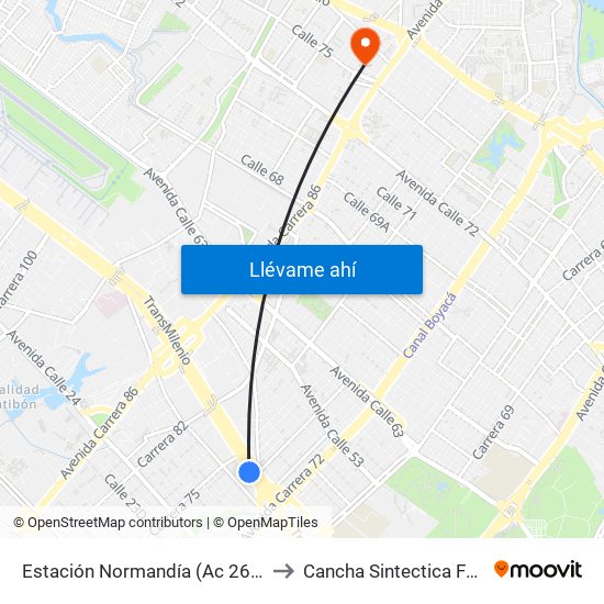 Estación Normandía (Ac 26 - Kr 74) to Cancha Sintectica Fútbol 7 map